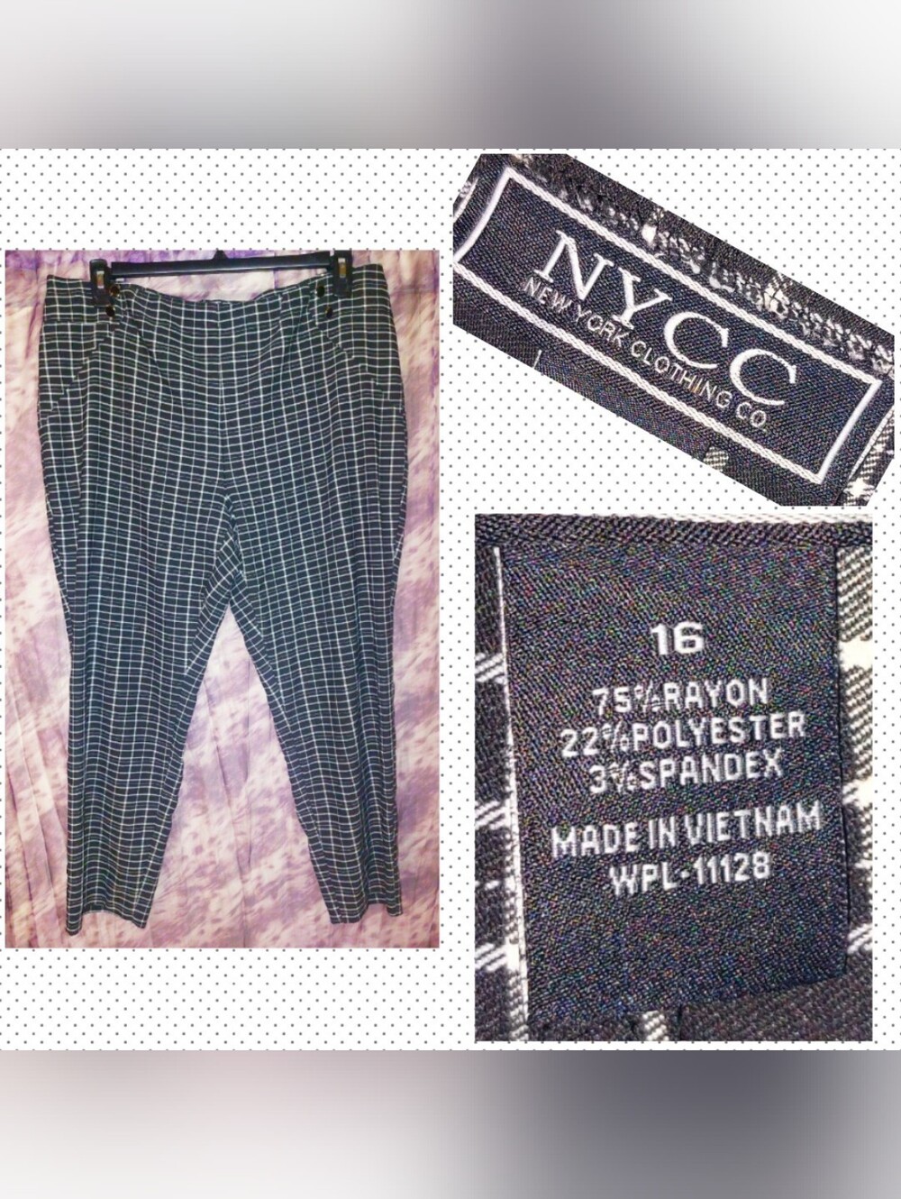 NYCC brand Black & White Checkered Print Ankle Soft Knit Pull-On Pants Sz 16